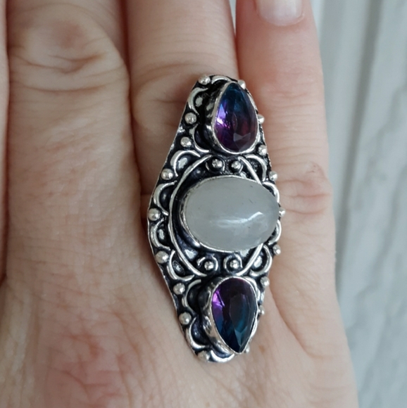 New Rainbow Moonstone & Bicolor Tourmaline 925 Silver Ring. - Picture 6 of 8